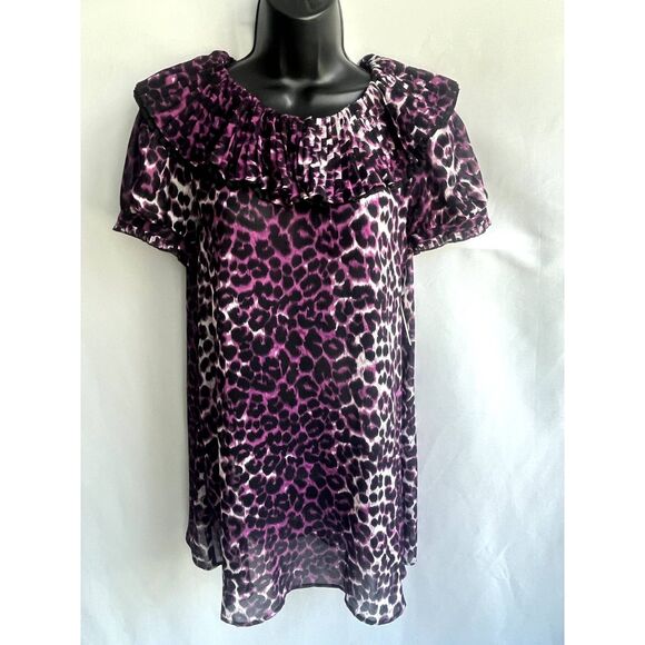 Animal Leopard Cheetah Print NWT Top Ruffles Pink Tunic Y2K Barbiecore Sexy sz S - Picture 1 of 11